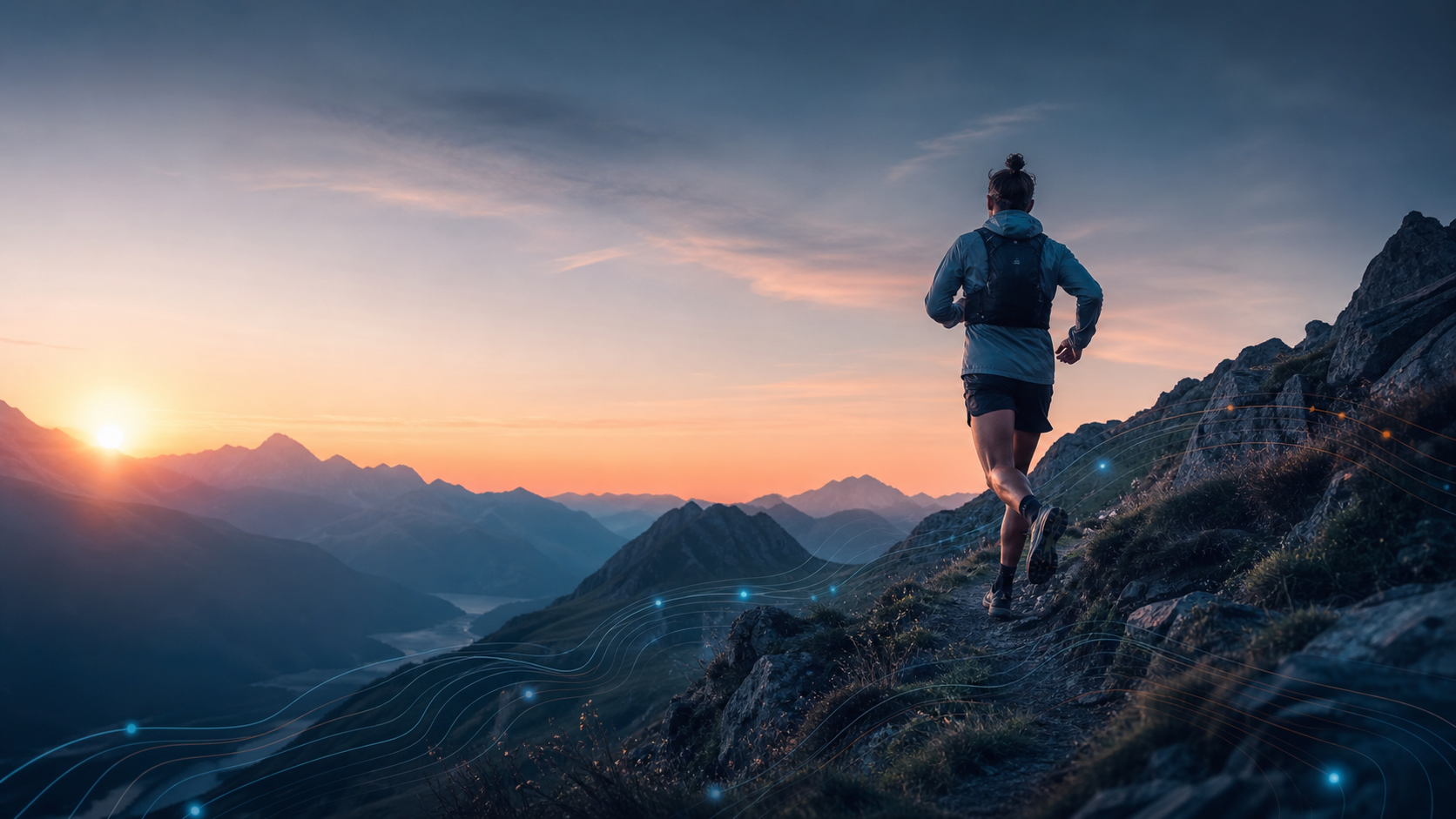 Athlète courant sur une crête alpine au lever du soleil